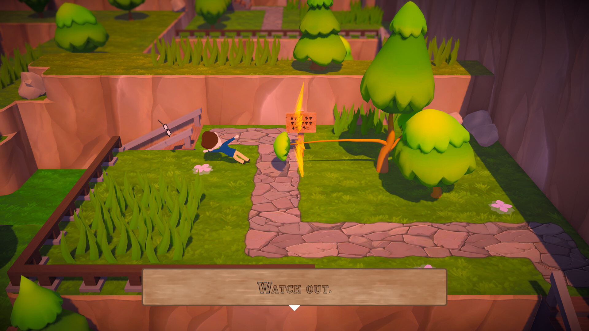 Trees Hate You screenshot showing a trap triggering right beside a warning sign